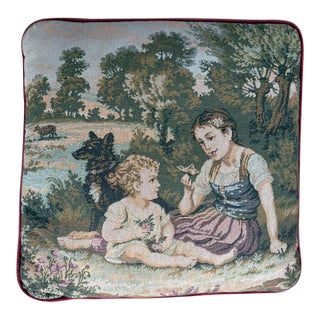 Vintage French Bucolic Tapestry Pillow With Young Woman, Small Child, and a Dog For Sale