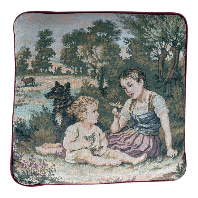 Vintage French Bucolic Tapestry Pillow With Young Woman, Small Child, and a Dog For Sale