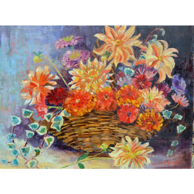 Bright and colorful basket of flowers by Los Angeles, California artist Muriel Fleming Merritt (American, 1889-1976)....