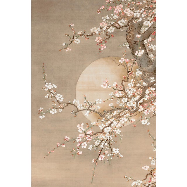 18th century Japanese plum blossom art print reproduction featuring a moonlit flowering tree, inspired by Edo-period ink...