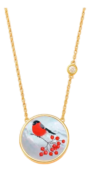Bullfinch on Branch of Rowan Tree, Carved Mother of Pearl Pendant