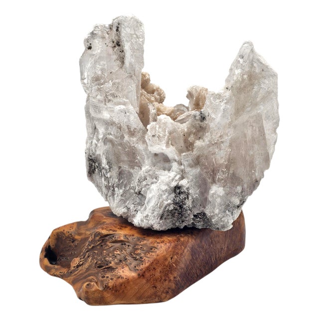 White Selenite Crystal Formation on Quartz Matrix, Burl Wood Base, 7.5" For Sale - Image 8 of 14