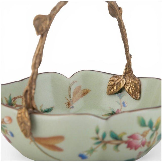 Floral Vine Painted Porcelain Bowl With Bronze Ormolu Basket Handle For Sale - Image 11 of 11