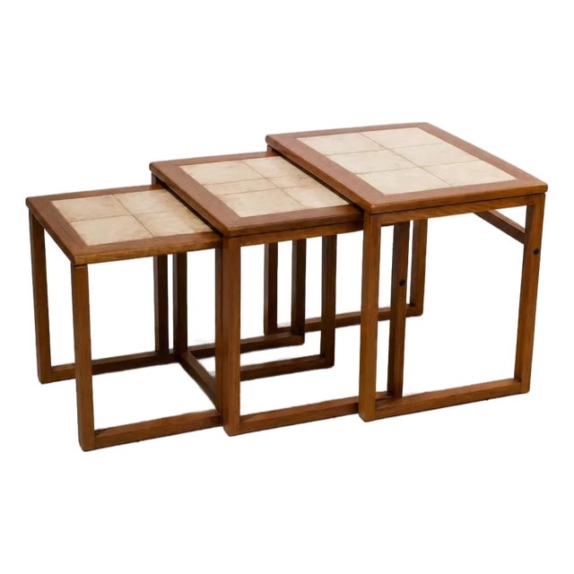 1970s Vintage Scandinavian Tiled Teak Nesting Tables (Set of 3) For Sale