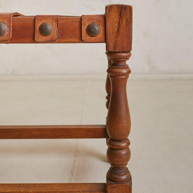 Spanish Oak + Woven Cognac Leather Stool, 1950s - 2 Available For Sale - Image 11 of 11