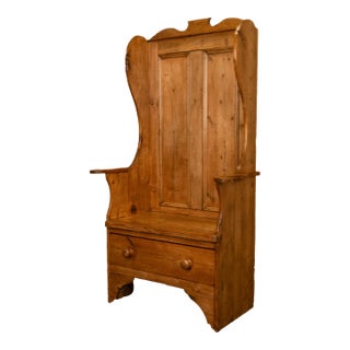 Antique 19thC English Pine Lambing Chair Hall Bench Settle With Drawer 1860 For Sale