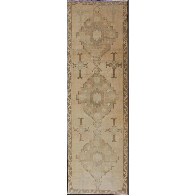 Vintage Turkish Oushak Runner Neutral and Warm Colors With Tribal Medallions For Sale - Image 13 of 13