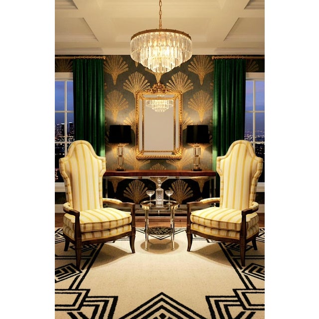 Vintage Extra Tall Chenille Gold Cream Metallic Striped Hollywood Regency Pagoda Wood Side Arm Chairs- a Pair For Sale - Image 13 of 13