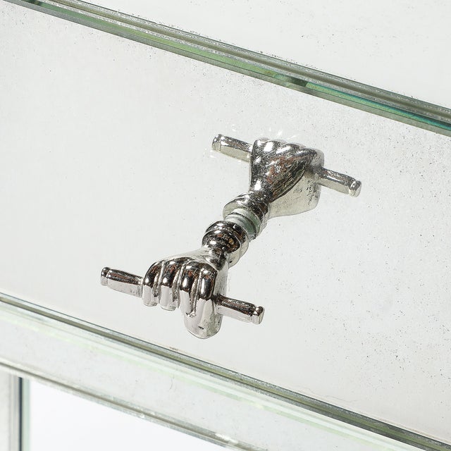 Silver Modernist End Table/Nightstand in Antique Mirror W/ Sculptural Hand Pulls For Sale - Image 8 of 17
