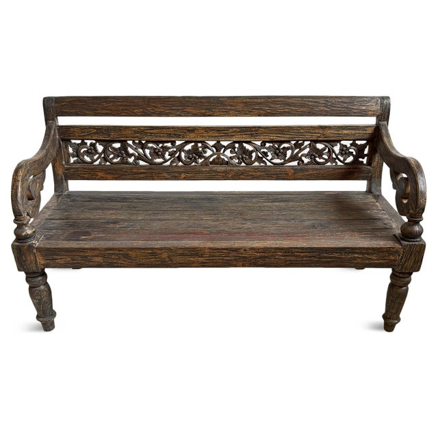 Indian Vintage Carved Blackened Boho Balinese Bench For Sale - Image 3 of 5