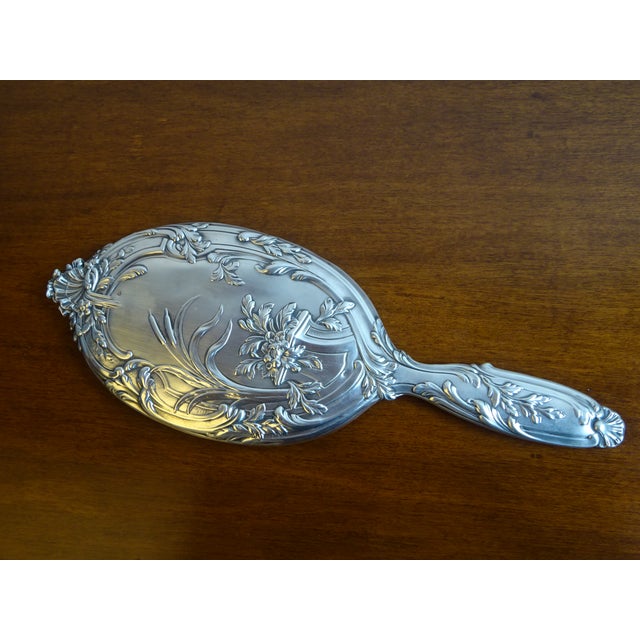 Very old 950 silver mirror, French manufacture, early 20th century. Original oval mirror, mercury glass, beveled edges....