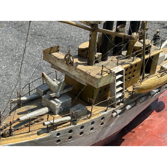 Late 19th C. American Primitive Folk Hand-Crafted Battleship Model on Base For Sale - Image 11 of 17