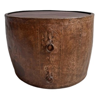 Vintage Iron Barrel Outdoor Side Table For Sale