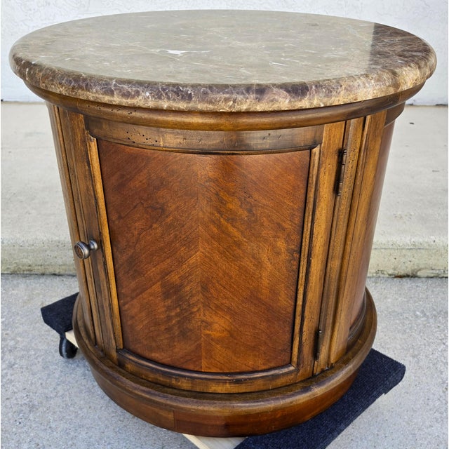 Wood Vintage Round Brown Marble Top Drum Side End Center Table With Storage Cabinet For Sale - Image 7 of 13