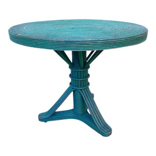Vintage Mid Century Rattan Wicker Table With Spiral Pattern Table Top, & Glass Top & Tri-Pod Pedestal Base For Sale
