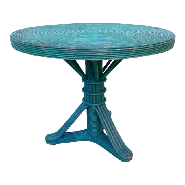 Vintage Mid Century Rattan Wicker Table With Spiral Pattern Table Top, & Glass Top & Tri-Pod Pedestal Base For Sale