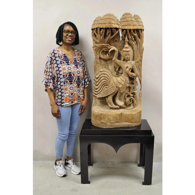 Vintage Burmese Carved Wood Oriental Large Figural Statue Sculpture on Base. Item features solid carved wood sculpture...
