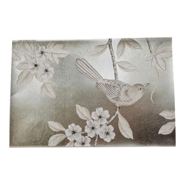 Silver Foil Hand Painted Bird Mural Wallpaper, Luxury Botanical Wallpaper Panel, Elegant Floral Nature Wall Covering, Designer Interior Decor For Sale