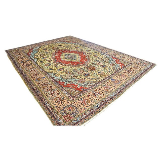 1940s Antique Persian Tabriz Wool 9x12 Yellow, Taupe & Rose Handmade Area Rug #9902296 For Sale - Image 5 of 11