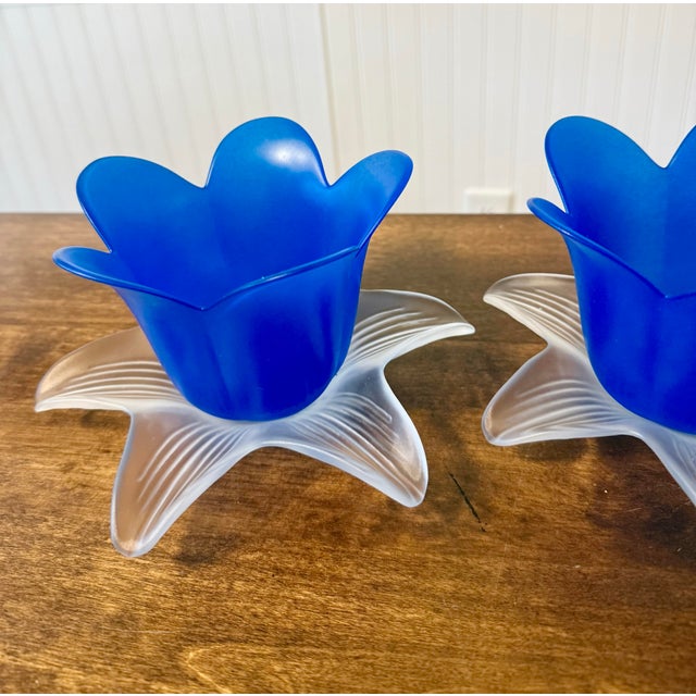 1970s Pair of Blue Tulip Glow Candle Holders Made in Italy For Sale - Image 6 of 12