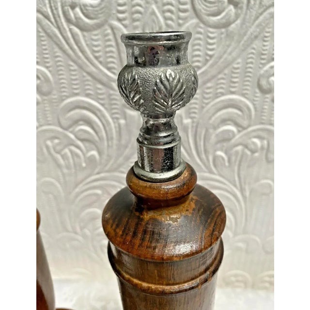 Coffee Antique 1890's Oak English Candlesticks Silver Leaf Tops- a Pair For Sale - Image 8 of 11