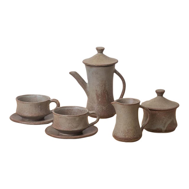 1960s French Stoneware Ceramic Coffee Set- 7 Pieces For Sale