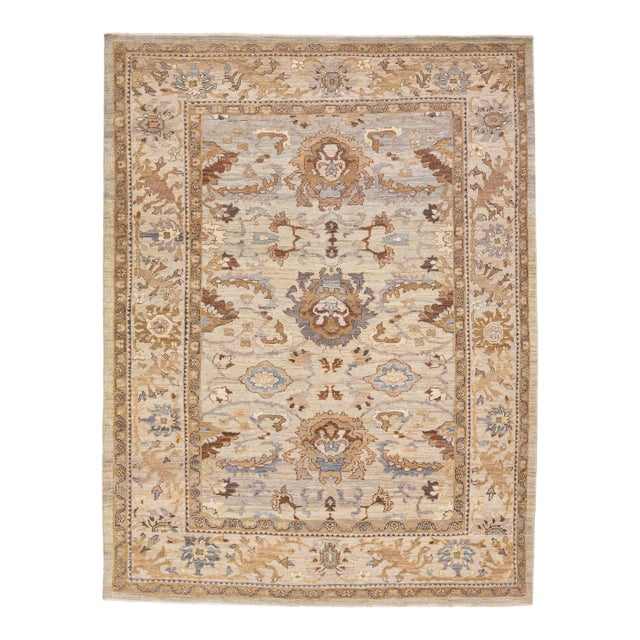 Modern Sultanabad Handmade Beige Wool Rug With Floral Design For Sale