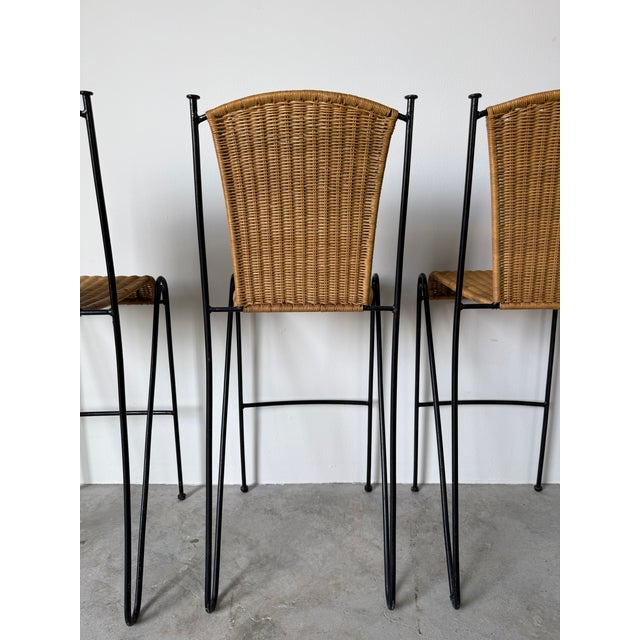 1970's Frederic Weinberg Style Rattan & Iron Bar Stools - Set of 3 For Sale - Image 12 of 14