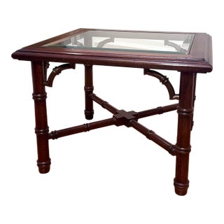 Vintage Chinoiserie Chippendale Style Mahogany Solid Wood, Glass & Brass Finish Side Table For Sale
