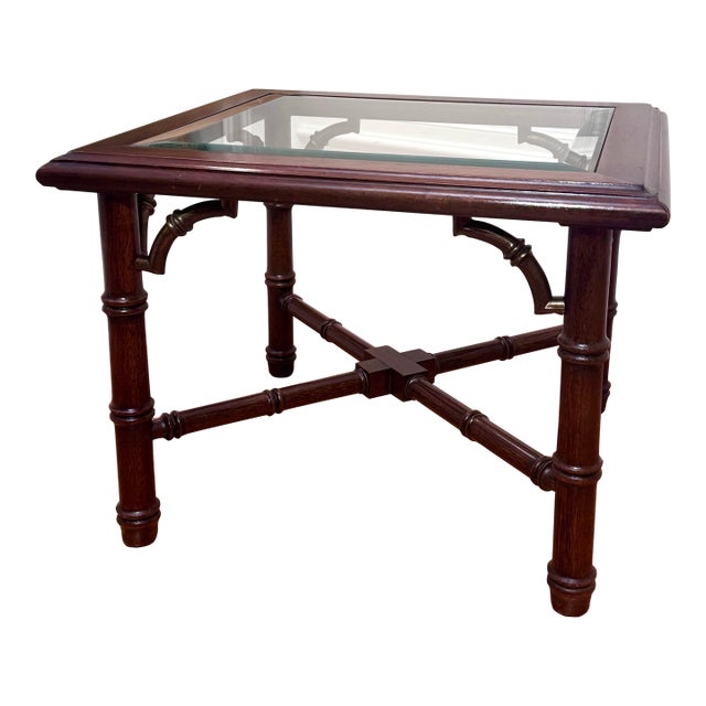 Vintage Chinoiserie Chippendale Style Mahogany Solid Wood, Glass & Brass Finish Side Table For Sale