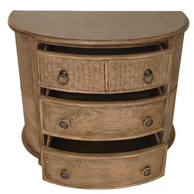 1990s Braxton Culler Coastal Demilune 3 Drawer Chest - Woven Rattan Reed & Oak - Carved Melon Feet - 36" W For Sale - Image 9 of 17