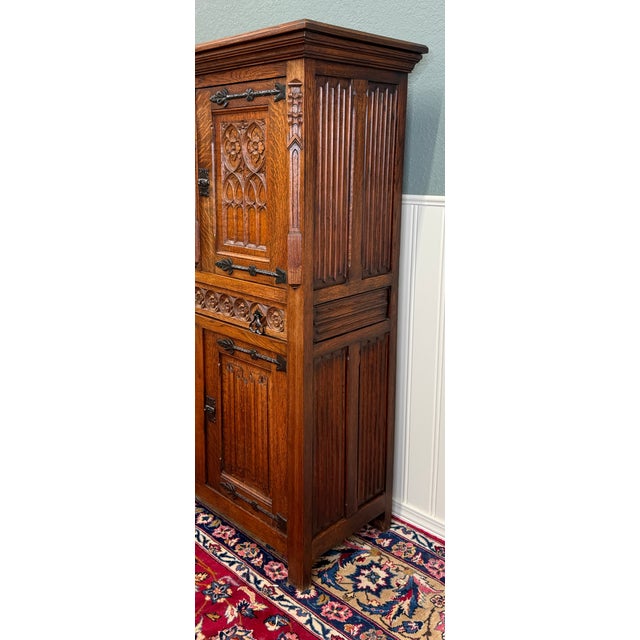 1930s Antique French Gothic Linen Altar Wine Storage Cabinet Bookcase Bar Liquor Oak For Sale - Image 5 of 18