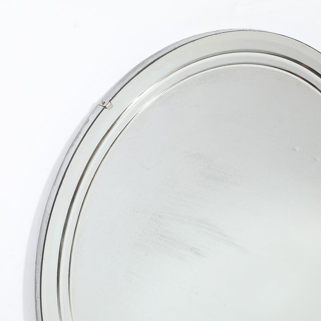 Glass Art Deco Streamlined Machined Age Minimal Round Reversed Etched & Beveled Mirror For Sale - Image 7 of 12