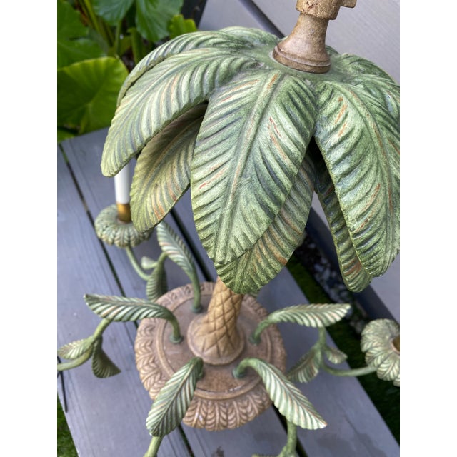 Vintage Tole Metal Palm Beach Tropical Hollywood Regency-Style Tole Palm Tree Chandelier Featuring Green-Painted Metal Fronds and Faux-Candle Arms For Sale - Image 12 of 12