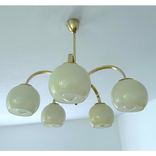 Metal Art Deco Opaline Glass and Brass Pendant Light, 1950s For Sale - Image 7 of 15
