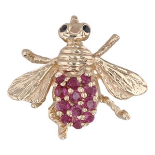 0.58ctw Ruby Sapphire Bee Pin 14k Yellow Gold Brooch Insect Jewelry For Sale
