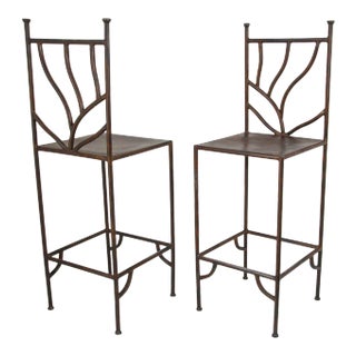 Set of 2 Spanish Revival Hand-Forged Wrought-Iron Barstools, Mexico, Circa 1990 For Sale