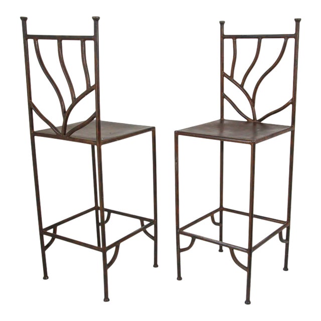 Set of 2 Spanish Revival Hand-Forged Wrought-Iron Barstools, Mexico, Circa 1990 For Sale