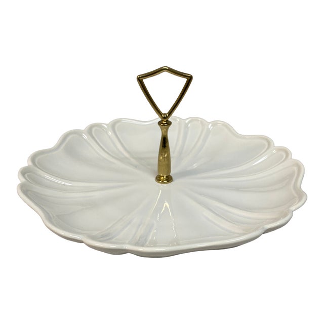 Vintage California Pottery Cream White Relish Dish Tray With Gold Metal Handle For Sale