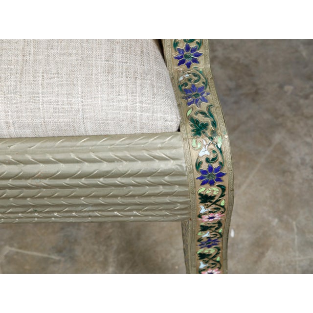1930s Moroccan Metal Upholstered Settee With Enamel Décor and Rams' Heads For Sale - Image 4 of 12