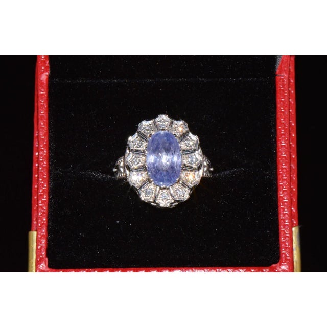Early 21st Century Gia Certified Natural 4cts vs F Diamond No Heat Violet Sapphire 18k Gold Art Deco Etruscan Halo Ring, Size 5.5 For Sale - Image 5 of 10