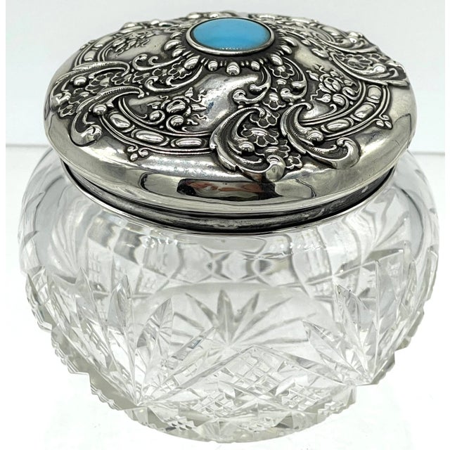 Metal American Brilliant Cut Glass, Sterling & Turquoise Dresser Jar, by Whiting For Sale - Image 7 of 9