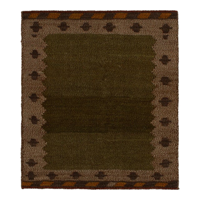 1980s Vintage Sofreh Kilim Rug in Green Striae With Beige-Brown Border For Sale