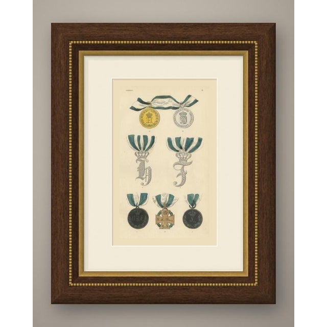 An original antique wood engraving, colored by hand with watercolor, showing seven insignia of anhalt on green and white...