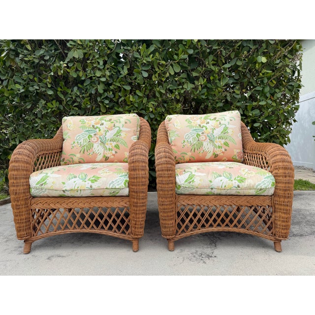 Late 20th Century Vintage Palm Beach Style Rolled Arm Wicker Lounge Chairs – A Pair For Sale - Image 5 of 12