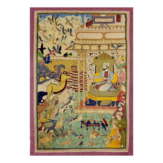 Vintage Indian Hand-Embroidered Mughal Court Scene Wall Tapestry, 1970s For Sale