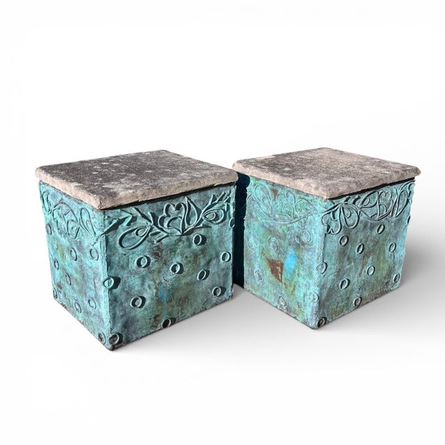 Modern Late 20th Century Sculpted Verdigris Copper and Concrete Side Tables - A Pair For Sale - Image 3 of 6