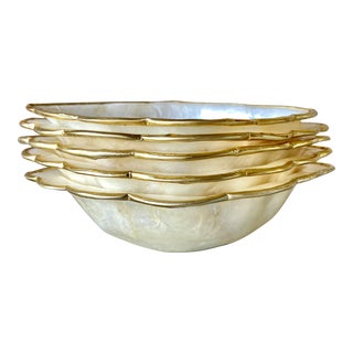 Circa 1970 Freeform Capiz Shell Catchall Nested Bowls With Brass Trim– Set of 5 For Sale