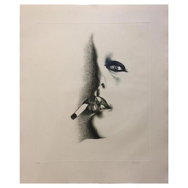 Giacomo Porzano, Smoker in White, Etching, 1972 For Sale