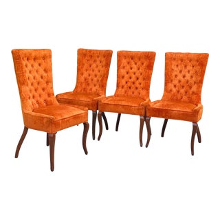 Mid-Century Atomic Orange Suede Tufted Tall Back Club Chairs - Set of 4 For Sale